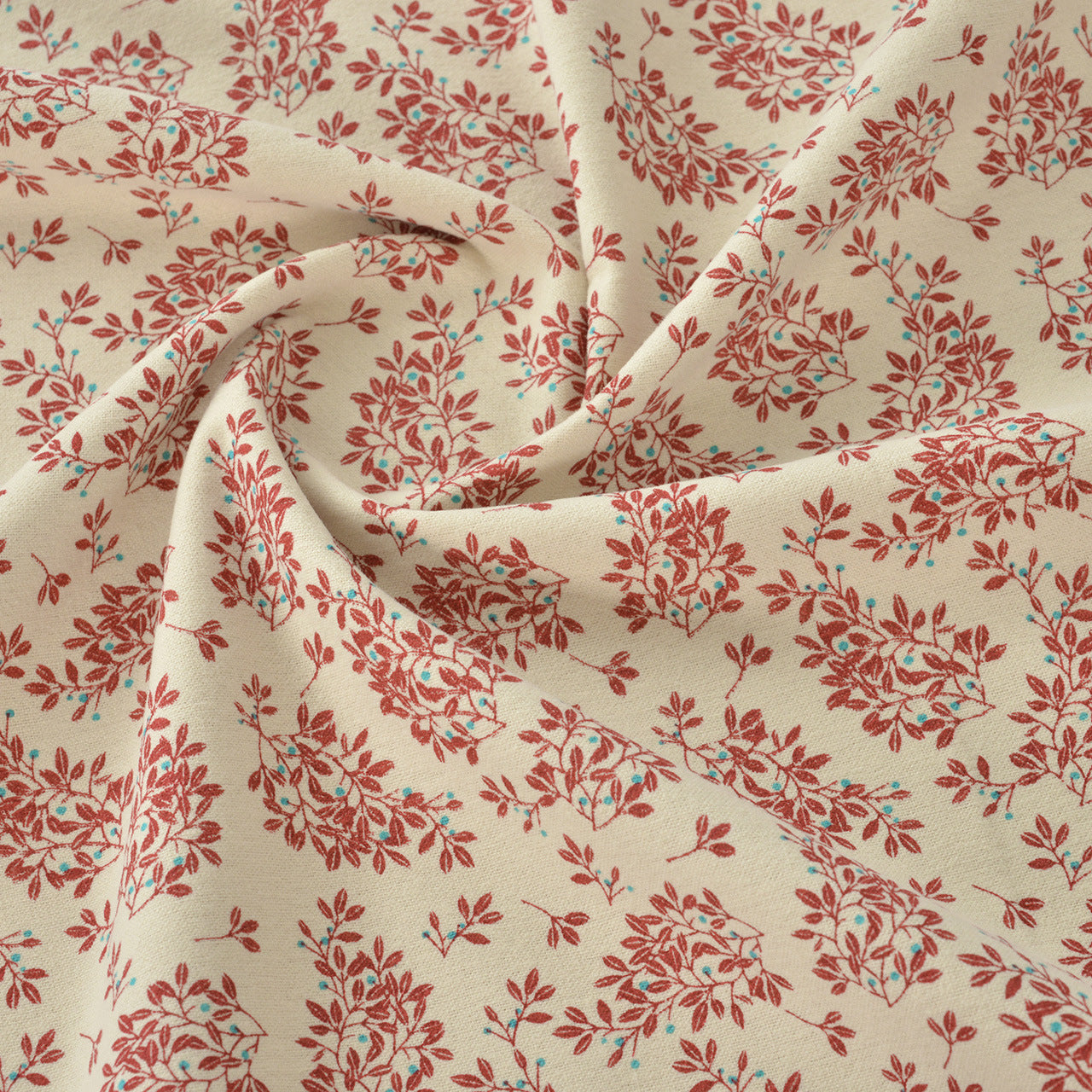 Floral Brushed Cotton Fabric - Dress & Home Decor by the Yard - Red Flower Cyan Bud