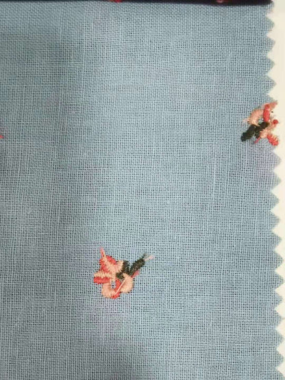 Ramie Flower Embroidery Fabric, 49 in Wide - Blue