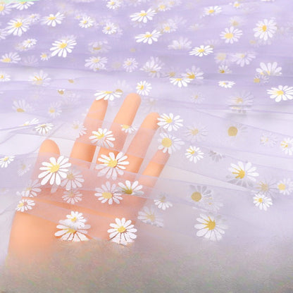 Daisy Print Polyester Gauze Fabric, Sheer Floral Mesh for Wedding & Apparel - Light Purple