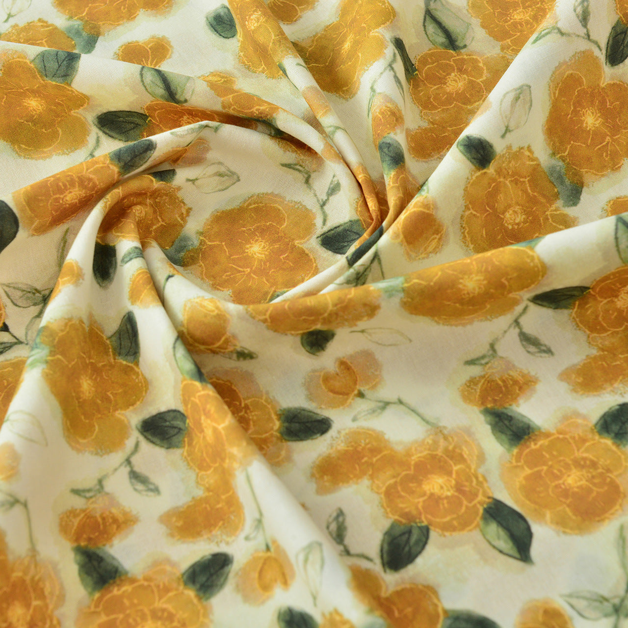 Gold Thread Floral Cotton Fabric - Dress Apparel by the Yard - Yellow Gold Floral