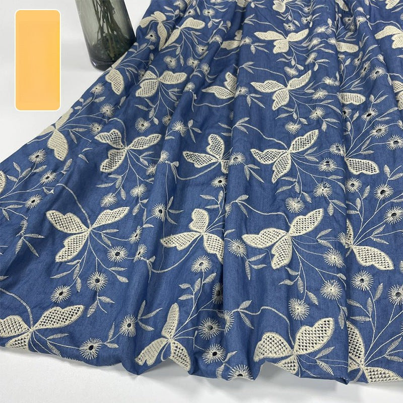 Poly-Cotton Embroidered Denim Fabric, Lightweight Denim for Shirts & Dresses - Light Blue