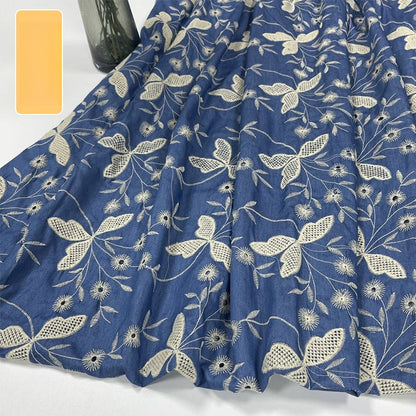 Poly-Cotton Embroidered Denim Fabric, Lightweight Denim for Shirts & Dresses - Light Blue