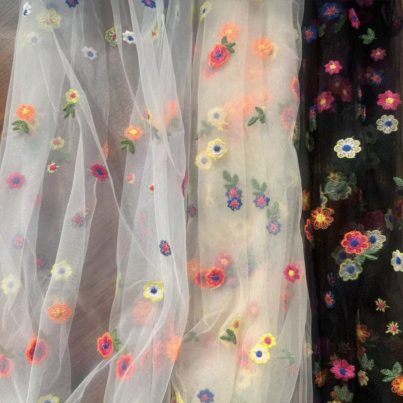 Polyester Mesh Fabric with Chrysanthemum Embroidery, 100 g/m², 135 cm Wide, for Kids' Dresses, Lolita & Craft