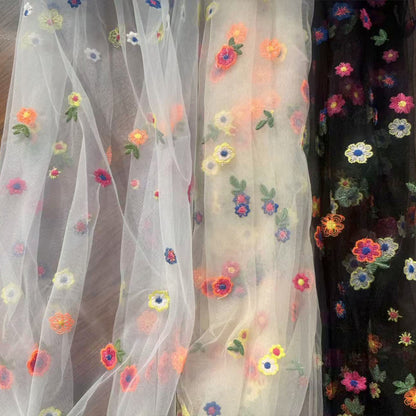 Polyester Mesh Fabric with Chrysanthemum Embroidery, 100 g/m², 135 cm Wide, for Kids' Dresses, Lolita & Craft