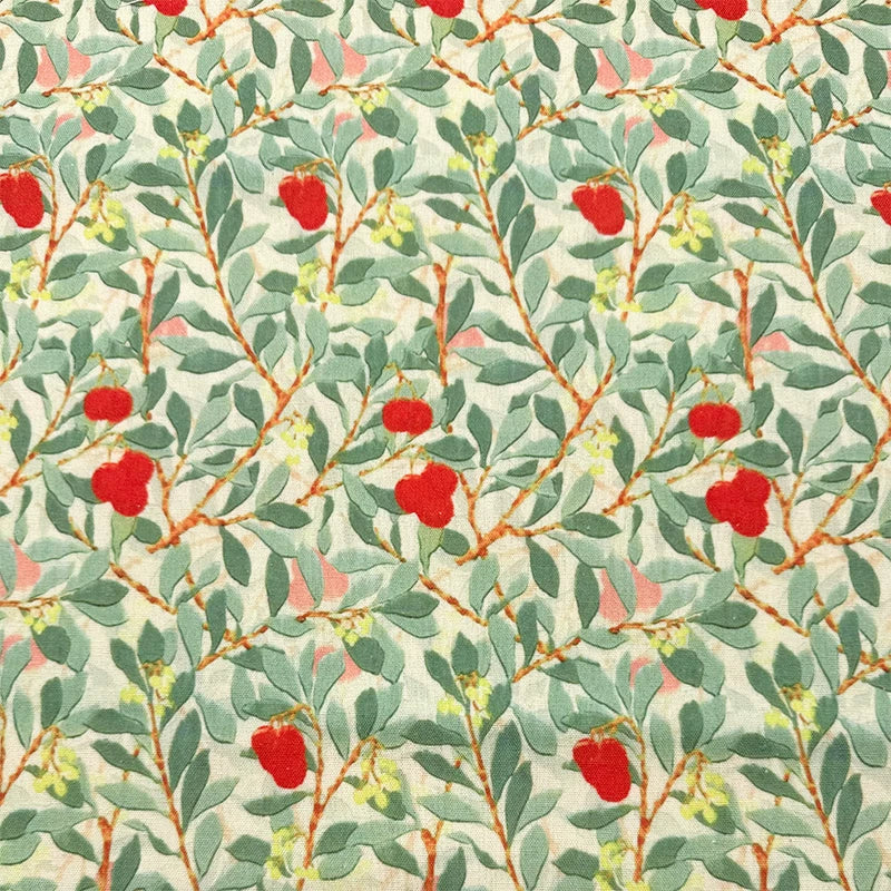 Green Botanical Print Cotton-Linen Fabric, Encrypted Woven Cloth for Decor & Apparel - Red Vine