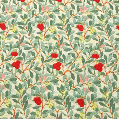 Green Botanical Print Cotton-Linen Fabric, Encrypted Woven Cloth for Decor & Apparel - Red Vine