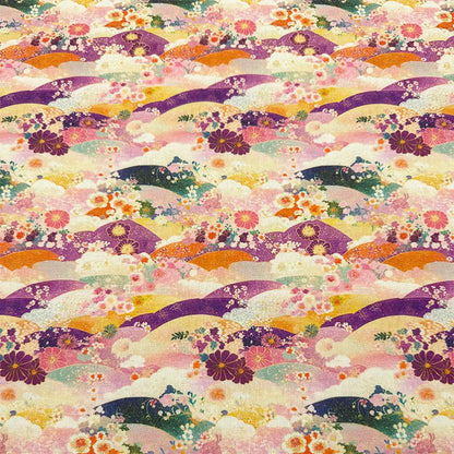 Japanese Floral Print Cotton Linen Fabric for Curtains & Decor - Orange Floral