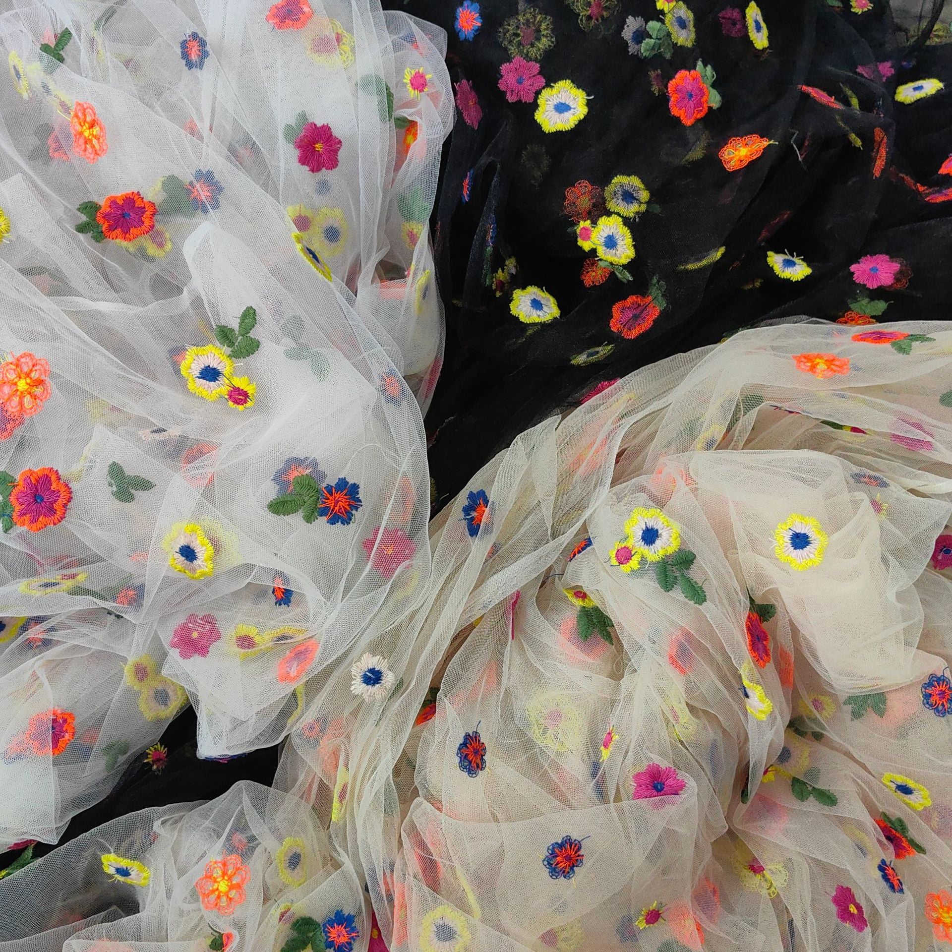 Embroidered Polyester Mesh Fabric, 3 Colors for Lolita & Girls' Dresses - Black