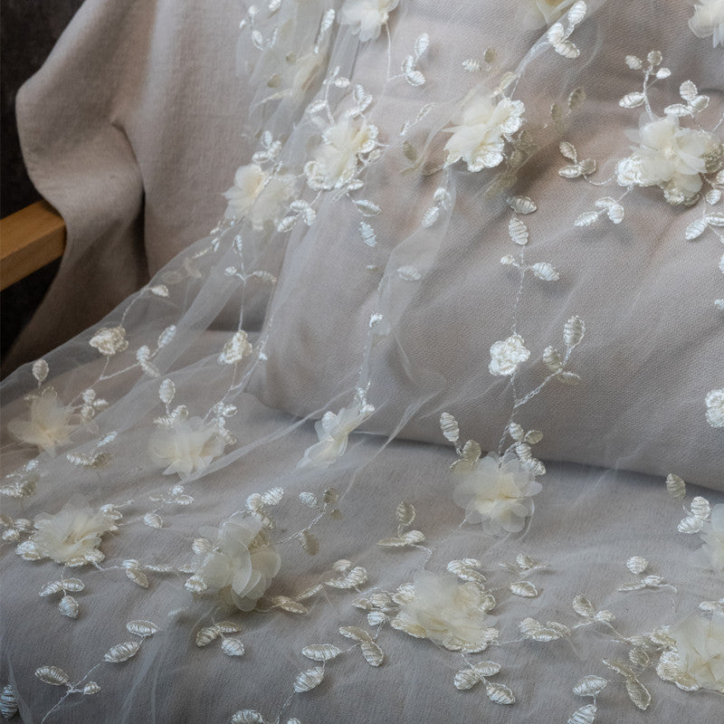 Polyester Mesh Fabric with 3D Appliqué Embroidery, 100 g/m², 150 cm Wide, for Dresses, Kids' Fashion & Craft - Beige