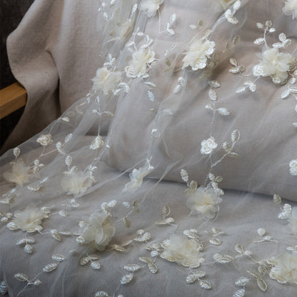 Polyester Mesh Fabric with 3D Appliqué Embroidery, 100 g/m², 150 cm Wide, for Dresses, Kids' Fashion & Craft - Beige