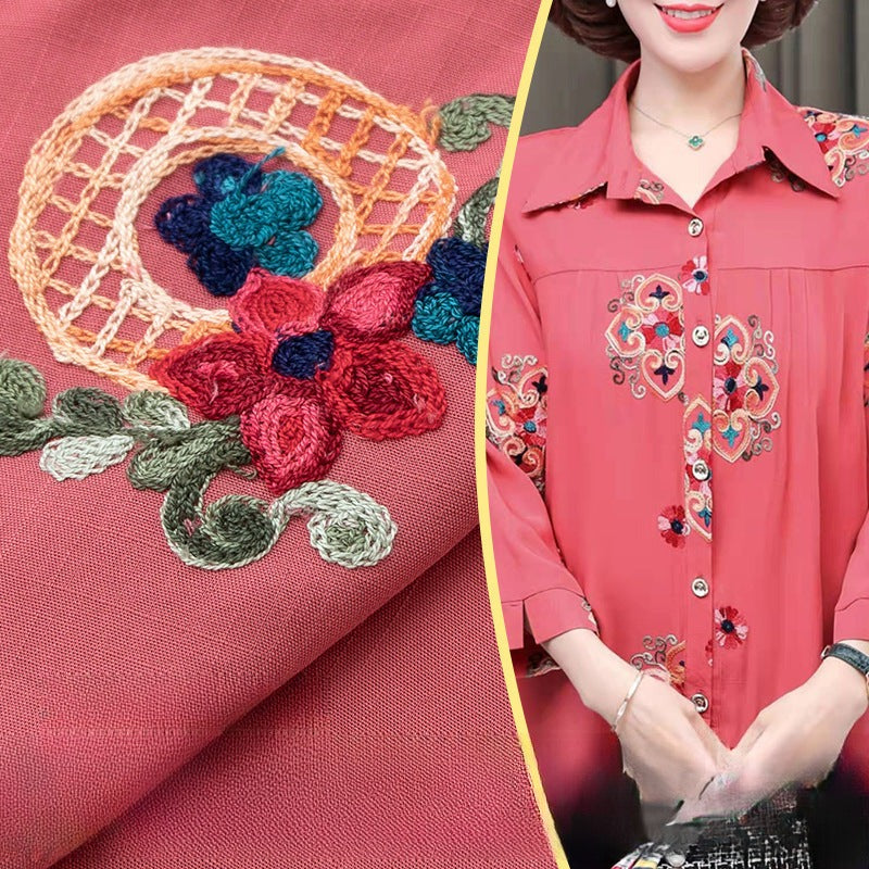 Embroidered Slub Cotton Fabric, Lightweight Woven Cloth for Shirts & Dresses - Rubber Red