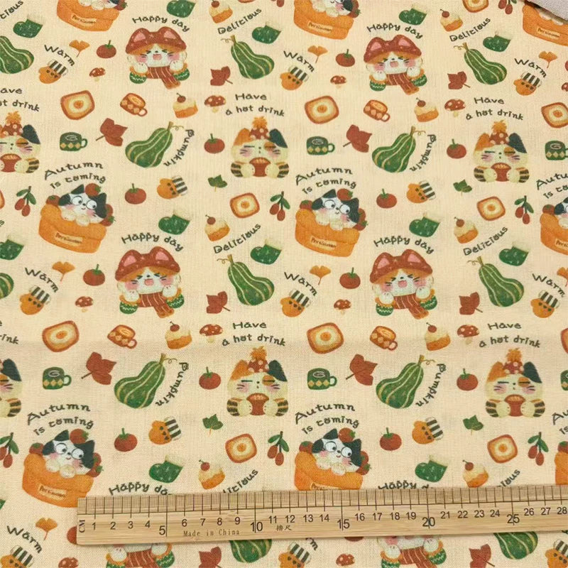 Autumn Cat Print Cotton Linen Fabric for DIY, Tablecloths & Cat Beds - Yellow