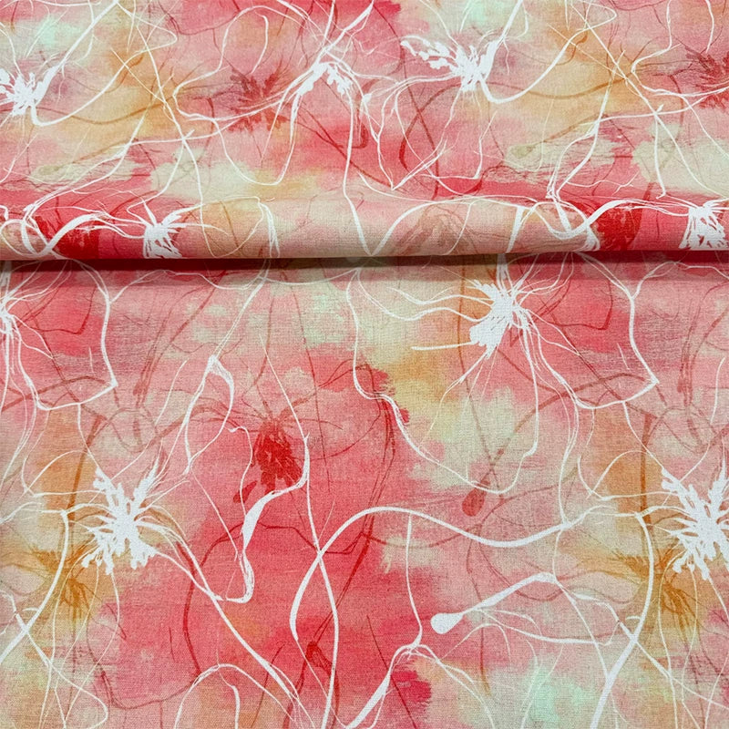 Watercolor Print Cotton Linen Fabric for Tablecloths & Door Curtains - Pink White Lines