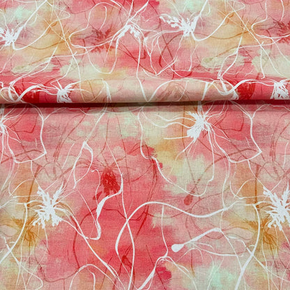 Watercolor Print Cotton Linen Fabric for Tablecloths & Door Curtains - Pink White Lines