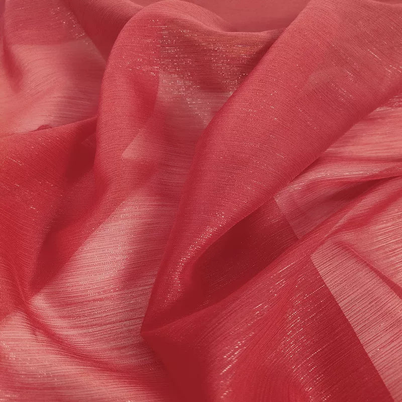 Crinkle Chiffon Fabric with Metallic Shimmer for Hanfu, Dresses & Curtains - Red