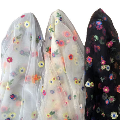 Polyester Mesh Fabric with Chrysanthemum Embroidery, 100 g/m², 135 cm Wide, for Kids' Dresses, Lolita & Craft