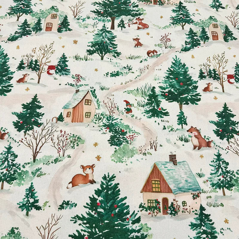 Christmas Print Cotton-Linen Fabric, Encrypted Woven Cloth for Decor & DIY - Christmas Village