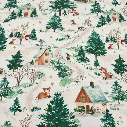 Christmas Print Cotton-Linen Fabric, Encrypted Woven Cloth for Decor & DIY - Christmas Village