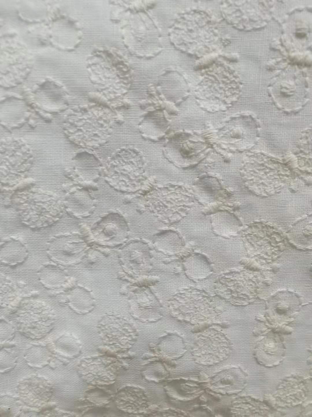 Butterfly Embroidery Linen Cotton Fabric, 49 in Wide - White