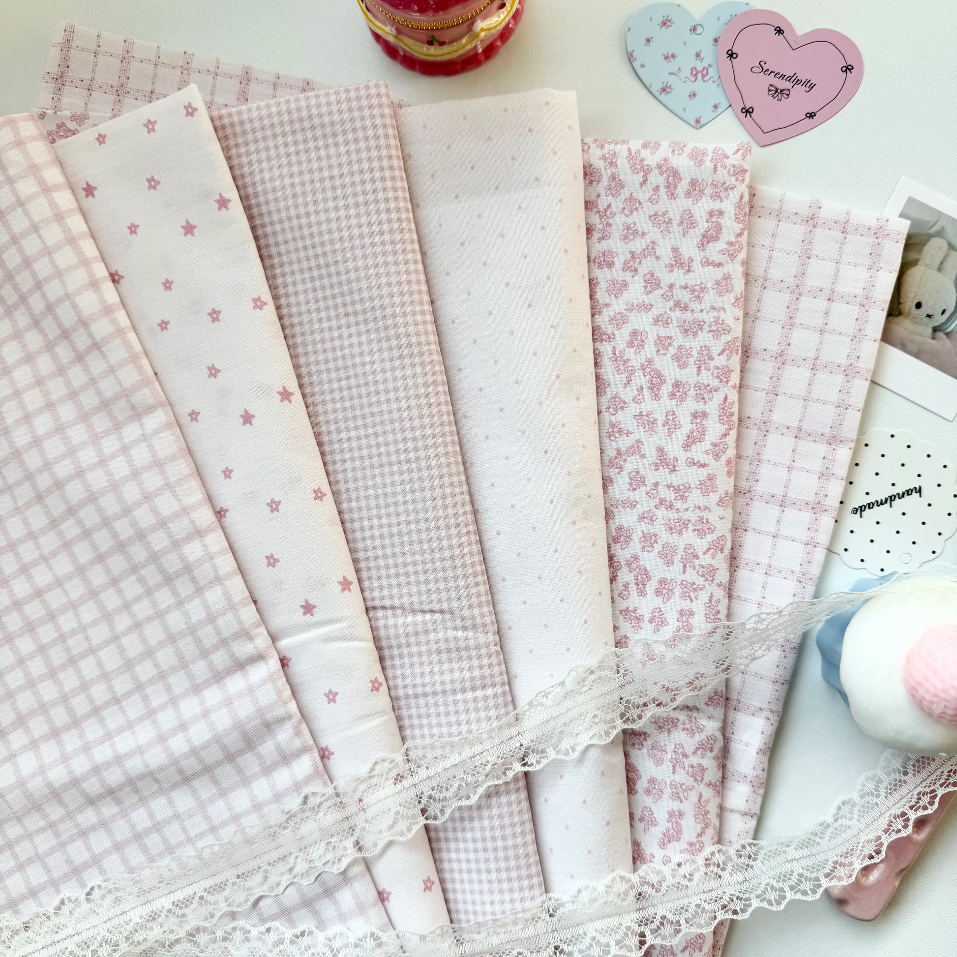 Cotton Print Fabric, Pink Star Polka Plaid, for Homewear, Doll Clothes & Scrunchies