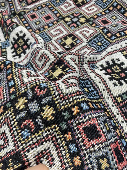 Ethnic Diamond Check Jacquard Denim Fabric, Vintage Cloth for Apparel & Bags - Black