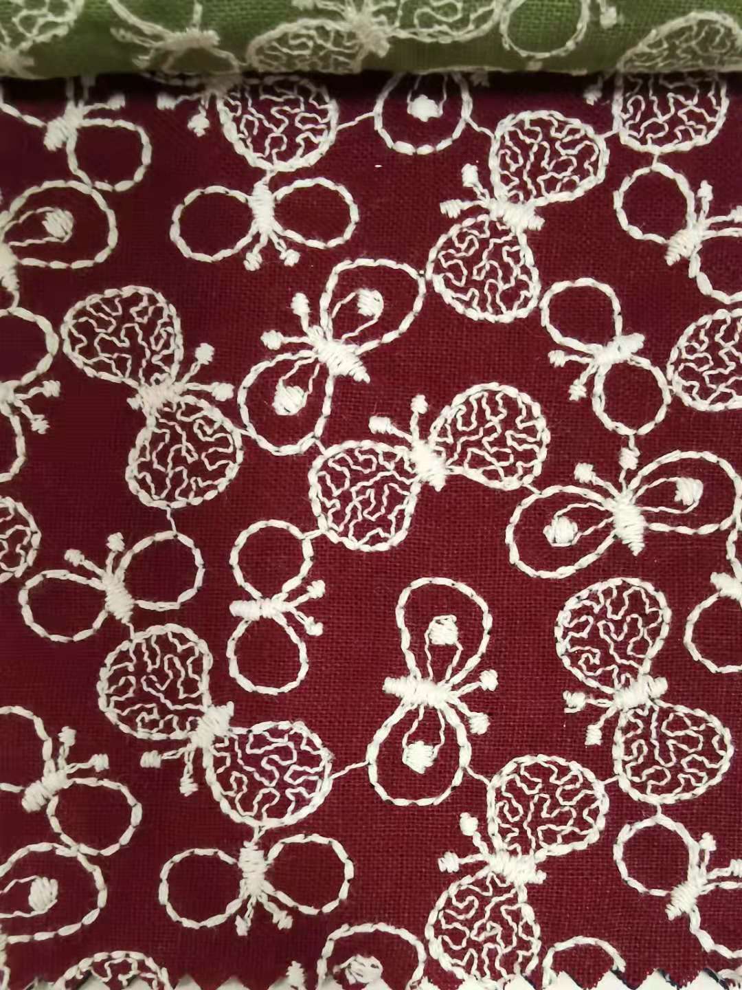 Butterfly Embroidery Linen Cotton Fabric, 49 in Wide - Wine Red