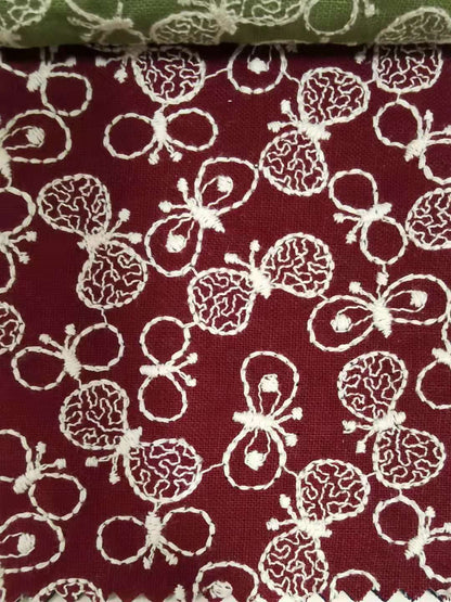 Butterfly Embroidery Linen Cotton Fabric, 49 in Wide - Wine Red