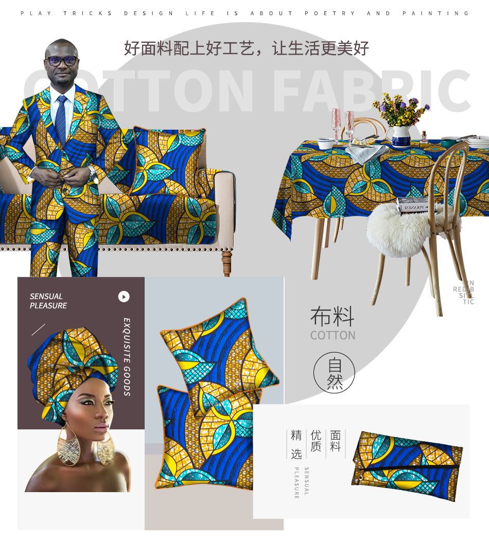 Ankara Polyester Wax Print Fabric, Flocked (Blue)