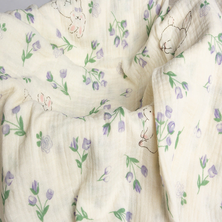 Double Gauze Cotton Fabric - Crinkle Texture Apparel & Craft by the Yard - Purple Floral Bunny