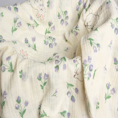 Double Gauze Cotton Fabric - Crinkle Texture Apparel & Craft by the Yard - Purple Floral Bunny