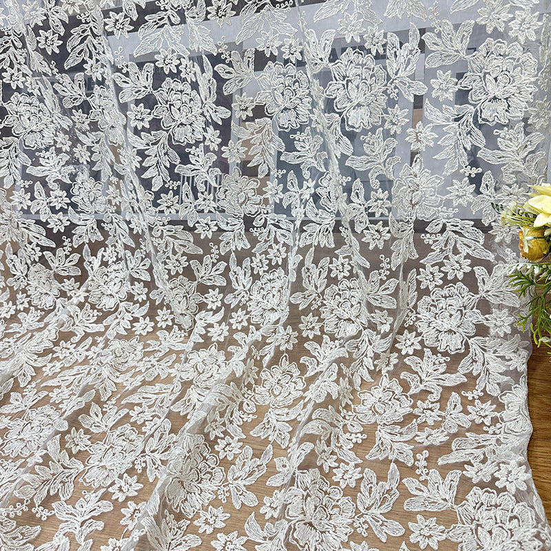 White Embroidered Lace Mesh Fabric for Bridal & Girls' Dresses