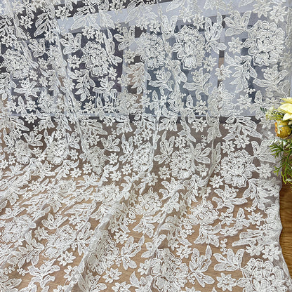 White Embroidered Lace Mesh Fabric for Bridal & Girls' Dresses