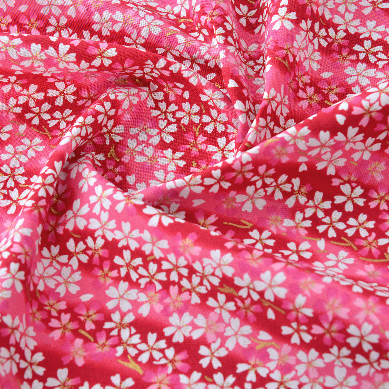 Cherry Blossom Gold Foil Cotton Fabric - Craft Apparel by the Yard - Red Pink Base