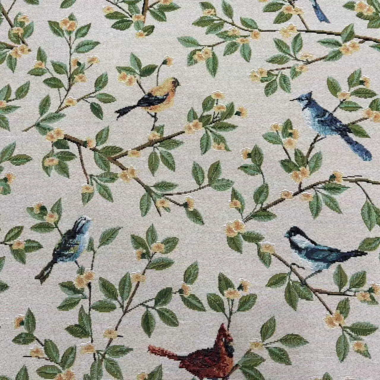 Poly Jacquard Bird & Flower Fabric, for Curtains & Linens - Off White