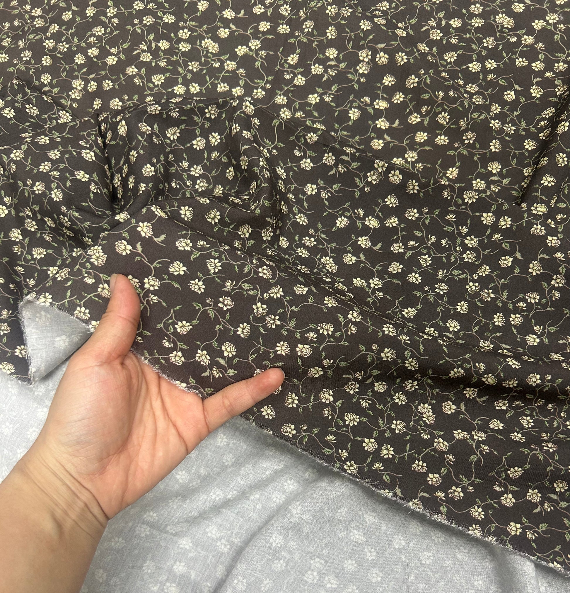 Rayon Fabric, Gray Coffee Floral, for Dresses & Pants - Gray Coffee Floral