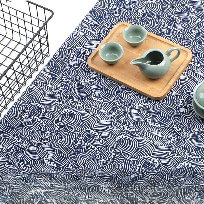 Japanese Wave Cotton-Linen Print Fabric, Woven Home & Apparel Cloth - Small Wave