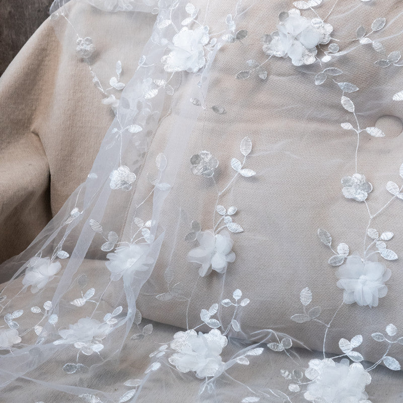Polyester Mesh Fabric with 3D Appliqué Embroidery, 100 g/m², 150 cm Wide, for Dresses, Kids' Fashion & Craft - White
