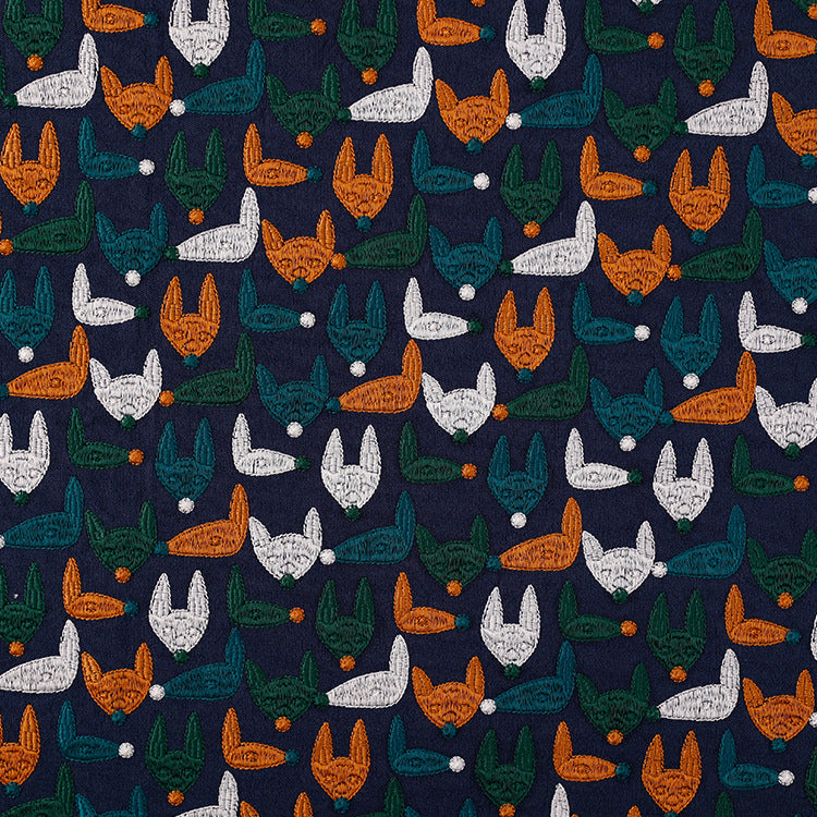 Fox Embroidery Linen Cotton Fabric, 49 in Wide - Navy