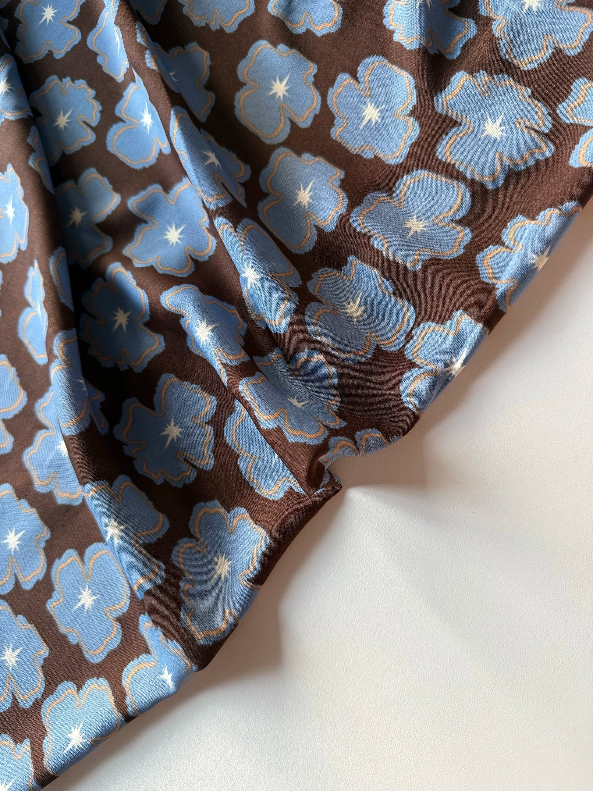 Polyester Satin Print Fabric, Blue Brown Floral, for Dresses, Blouses & Skirts - Blue Brown