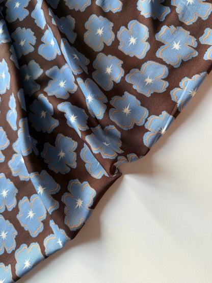 Polyester Satin Print Fabric, Blue Brown Floral, for Dresses, Blouses & Skirts - Blue Brown
