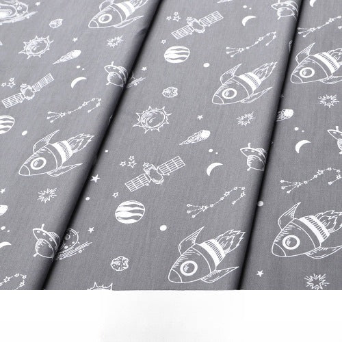 Baby Cartoon Print Cotton Twill Fabric, Cute Kids Cloth for Bedding & Apparel - Rocket Planet