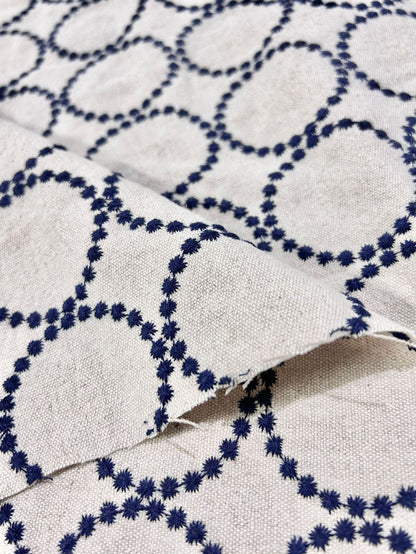 Embroidered Linen Cotton Fabric, Heavy 14oz, 47 in Wide - Navy on Cream