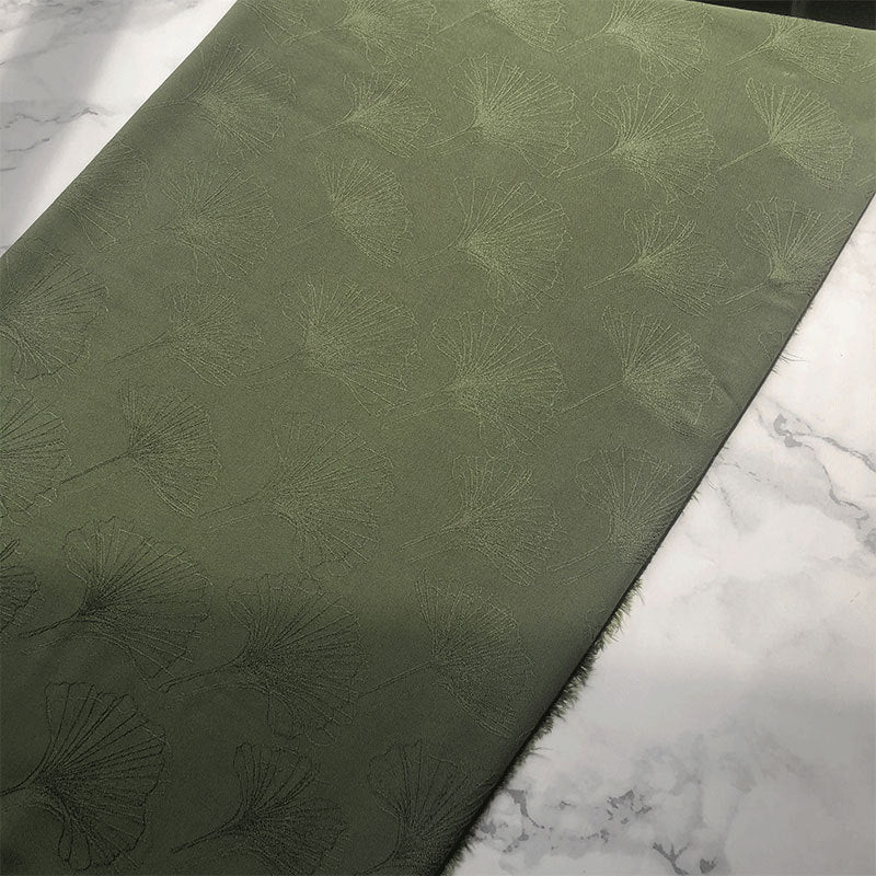 Vintage Rayon Ginkgo Leaf Jacquard Fabric, Fluid Drape - Green & Army Green