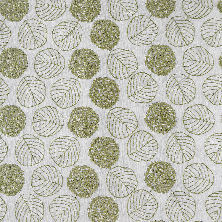 Ramie Cotton Leaf Embroidery Fabric, 47 in Wide - Green Leaf on White