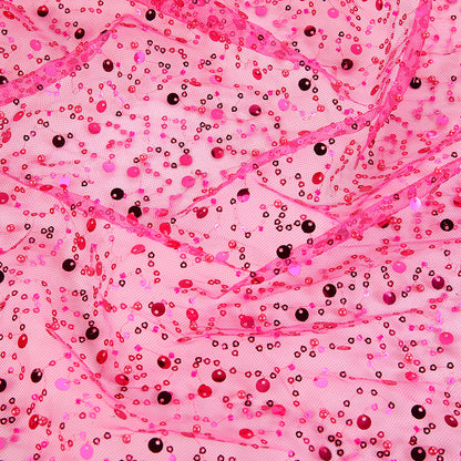 Beaded Embroidery Mesh, Iridescent for Dresses, 51 in Wide - Rose Red