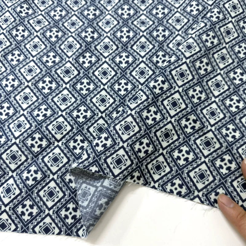 Cotton Denim Fabric, Washed Prints, for Dresses, Shirts & DIY - Geometric Meander