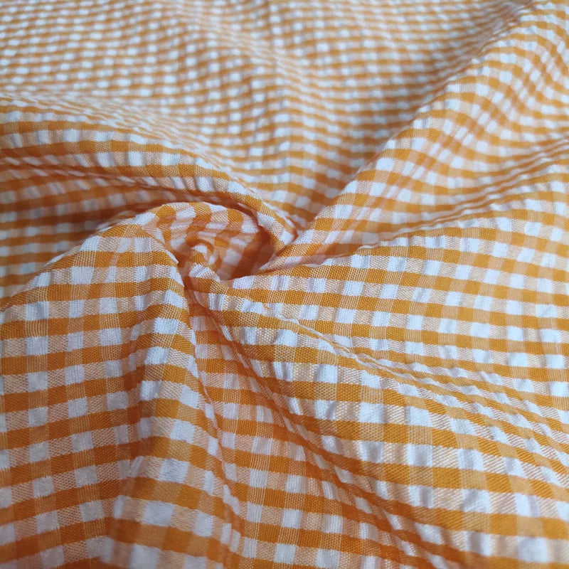 Seersucker Plaid Fabric, Cotton Blend for Shirts, Dresses & Summer Sewing - Orange Plaid