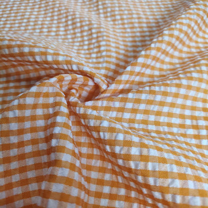 Seersucker Plaid Fabric, Cotton Blend for Shirts, Dresses & Summer Sewing - Orange Plaid