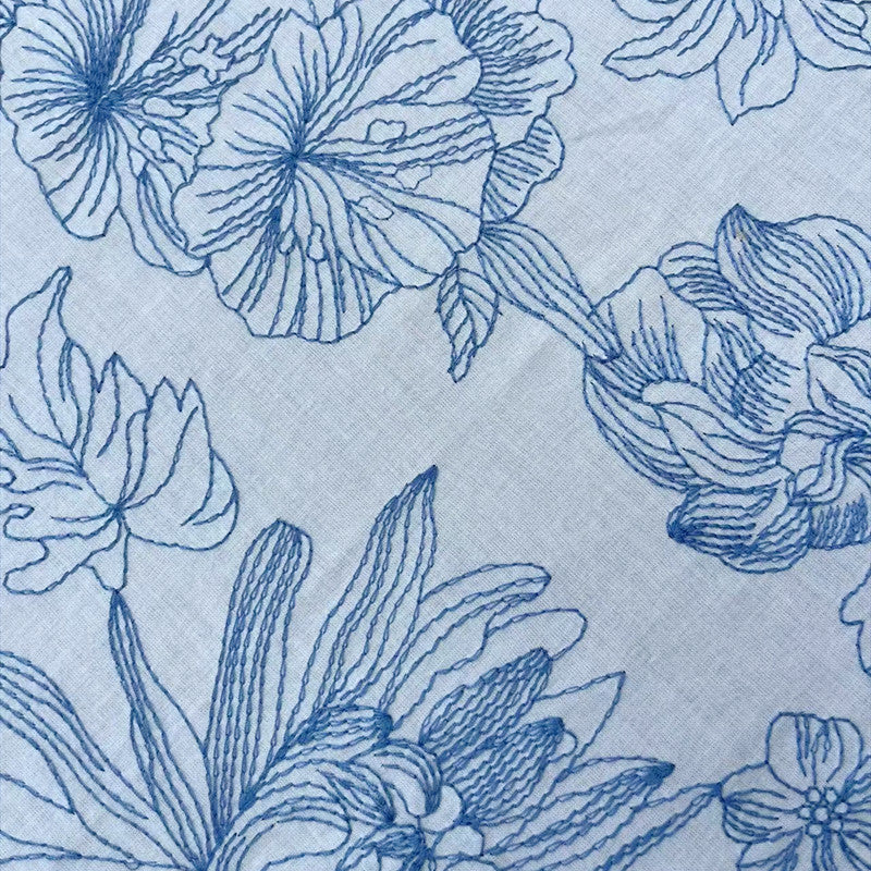 60s Combed Cotton Printed Fabric, 150 g/m², 135 cm Wide, for Shirts, Dresses & Craft - Blue Embroidered