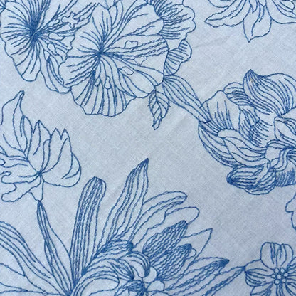 60s Combed Cotton Printed Fabric, 150 g/m², 135 cm Wide, for Shirts, Dresses & Craft - Blue Embroidered